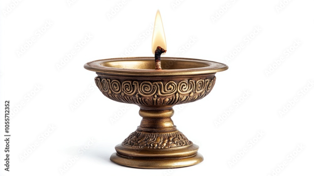Brass diya lamp with decorative base and single flame, showing cultural elegance, isolated on white Brass diya lamp with decorative base and single flame, showing cultural elegance, isolated on white