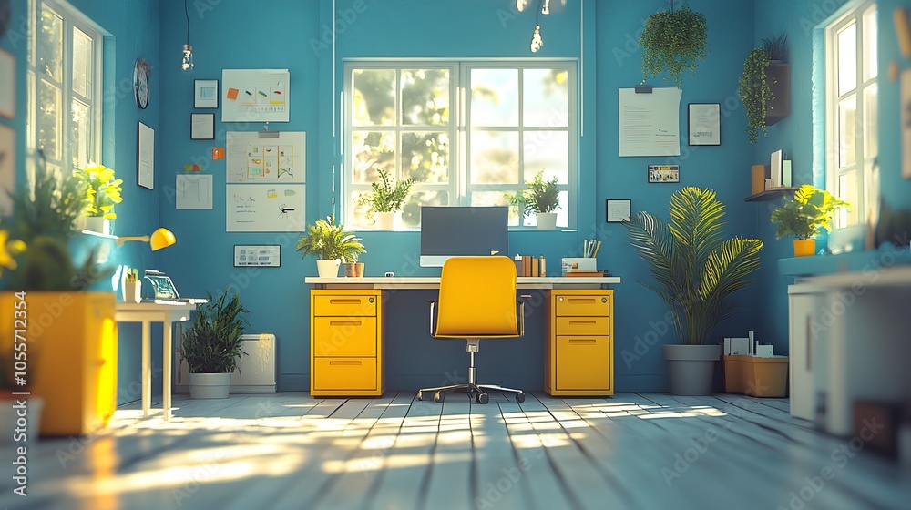 Fototapeta premium Bright startup environment in 2025 with relaxed seating smart devices young professionals and an inspiring workspace