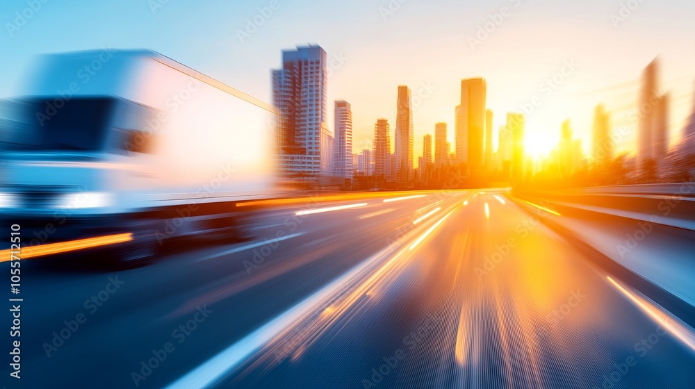 Fast Truck Driving Through City at Sunset Fast Truck Driving Through City at Sunset