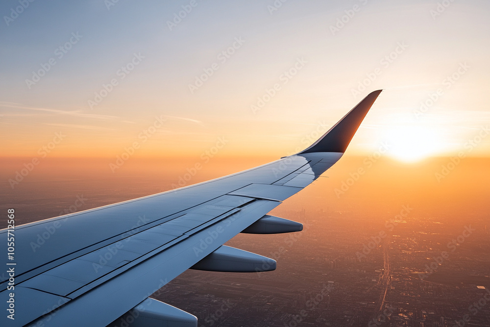 Airplane wing against a beautiful sunset view from the sky. Airplane wing against a beautiful sunset view from the sky.