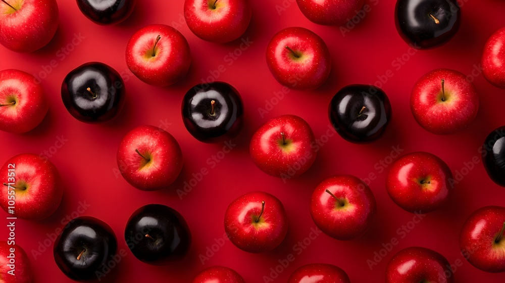 Striking Black Among Red Apples - Glossy Texture and Conceptual Art in Overhead Arrangement for Unique Visual Impact
