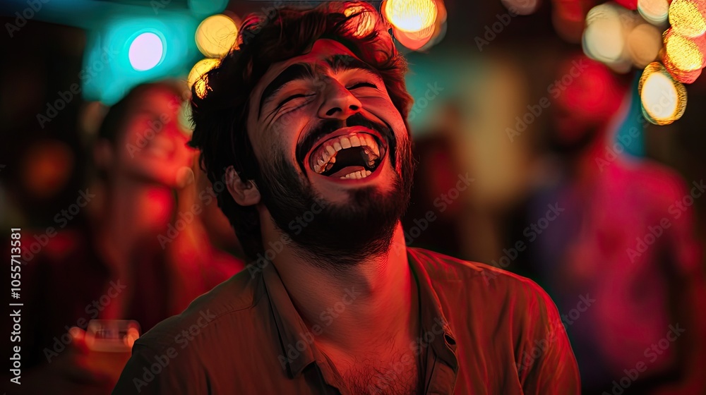 Man laughing uncontrollably with friends at a lively event. Man laughing uncontrollably with friends at a lively event.