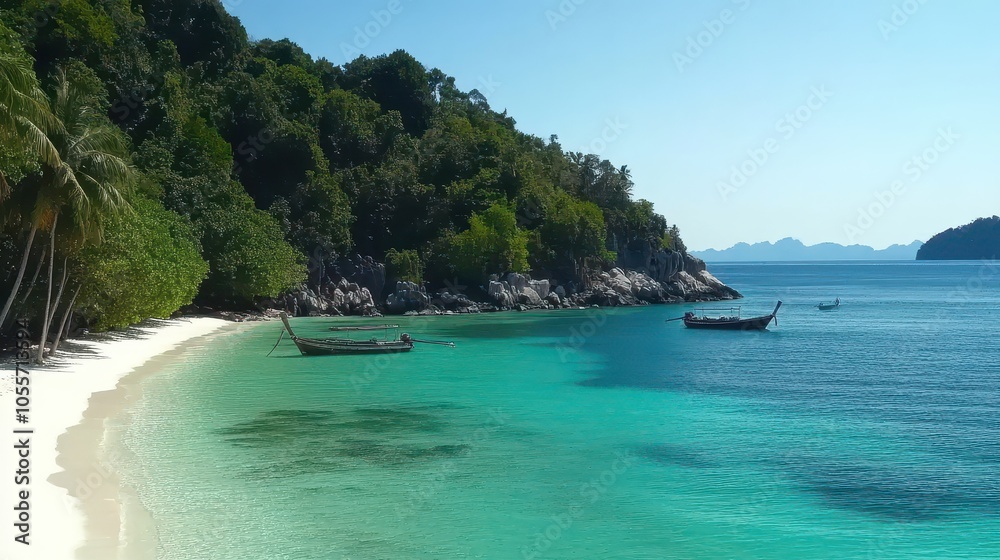 A hidden tropical cove with transparent blue-green waters, soft white sand, palm trees on the edges, and a few boats anchored, sky bright and clear. A hidden tropical cove with transparent blue-green waters, soft white sand, palm trees on the edges, and a few boats anchored, sky bright and clear.