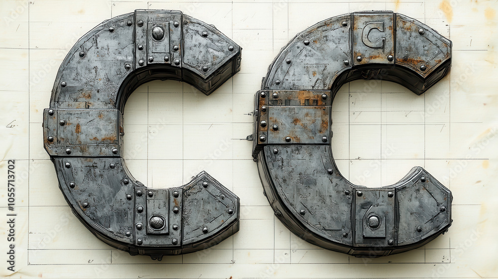 Industrial-style mechanical letter c engraving design for print and ...