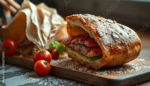 Delicious freshly baked sandwich with cherry tomatoes