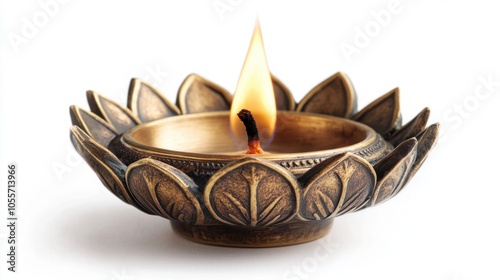 Decorative brass diya with lotus design and a warm flame, capturing cultural beauty, isolated on white