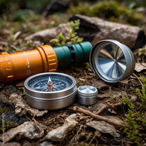 Closeup of camping essentials including a compass, map, flashlight, and knife, arranged on a rustic wooden surface, ideal for outdoor adventure themes photo