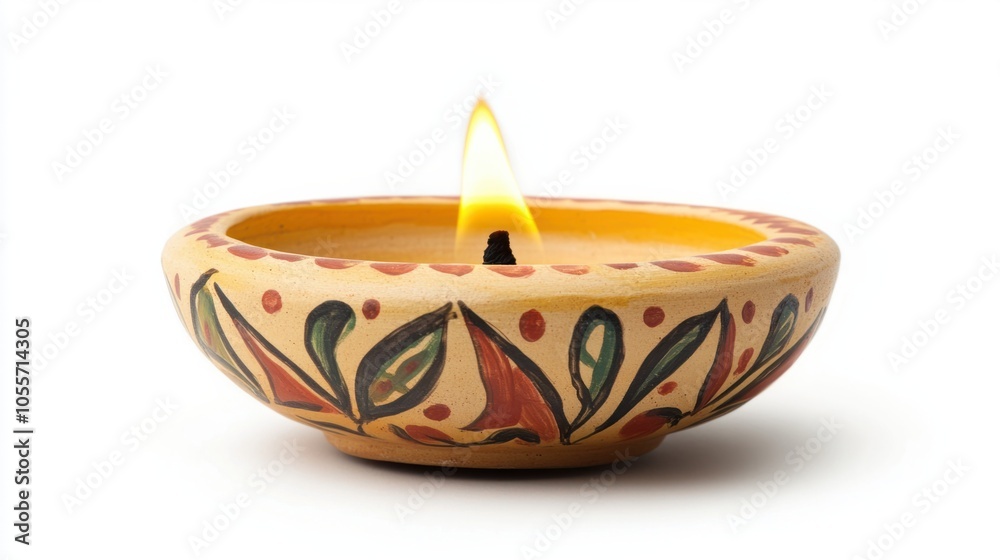 Decorative diya with painted designs and steady flame, symbolizing warmth and joy, isolated on white Decorative diya with painted designs and steady flame, symbolizing warmth and joy, isolated on white