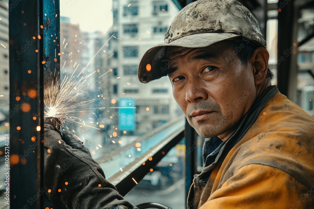 Welder Working On Metal Construction With Sparks Flying