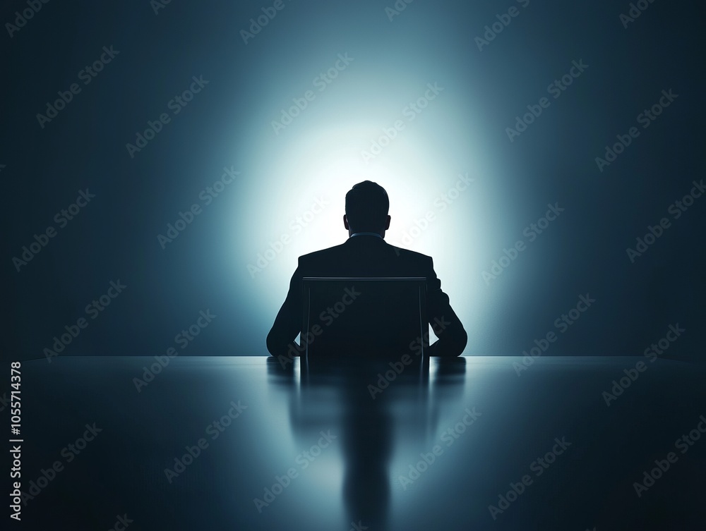 Silhouette of a man sitting at a desk against a glowing background. Silhouette of a man sitting at a desk against a glowing background.