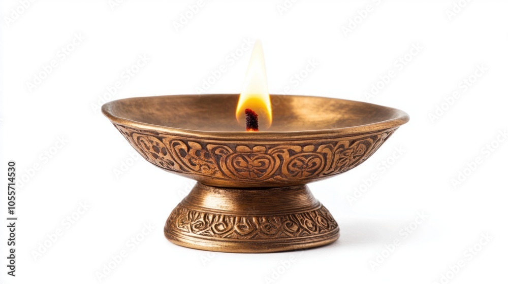 Elegant brass diya lamp with a small flame, showcasing Indian culture and heritage, isolated on white Elegant brass diya lamp with a small flame, showcasing Indian culture and heritage, isolated on white