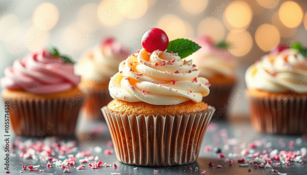 Delicious cupcake with creamy frosting and cherry topping Delicious cupcake with creamy frosting and cherry topping