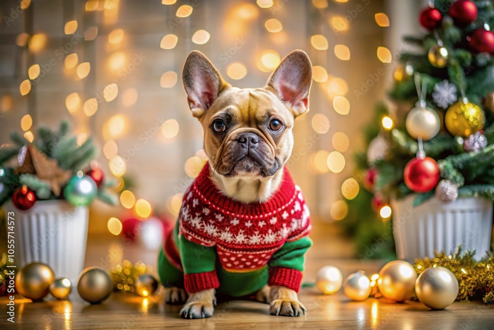 Adorable Puppy Christmas French Bulldog with Copy Space for Holiday Greetings