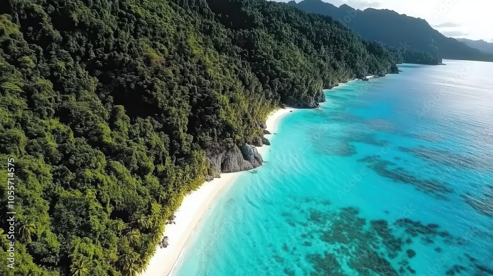 Obraz premium Tropical paradise coastline with a calm turquoise sea, colorful coral reefs visible beneath the surface, and dense palm trees along a sandy beach.