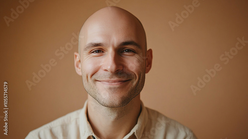 Bald person with a smooth head and a friendly look photo