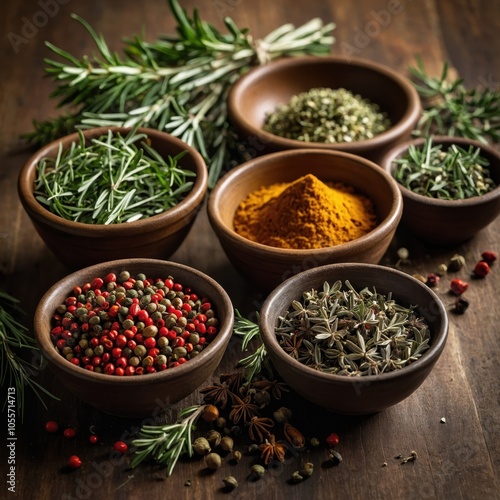 A variety of fresh herbs and spices arranged in small bowls, showcasing vibrant colors and rich textures, ideal for culinary inspiration and natural flavor