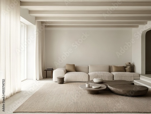 White walls with minimalistic decor and a neutral-toned rug to emphasize the spaciousness of the family room