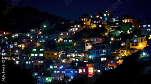 Night view of Gamcheon Culture Village in Busan, with colorful hillside homes lit softly under the stars. photo