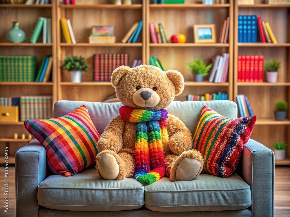 Adorable Teddy Bear on Couch in Cozy Room - Perfect Gift for Kids Adorable Teddy Bear on Couch in Cozy Room - Perfect Gift for Kids