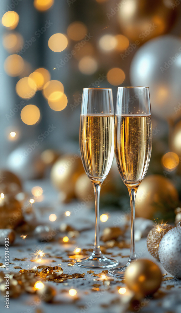 Two elegant champagne glasses filled with sparkling bubbles stand amidst shimmering lights and festive decorations, creating a warm and celebratory atmosphere.
Two elegant champagne glasses filled with sparkling bubbles stand amidst shimmering lights and festive decorations, creating a warm and celebratory atmosphere.