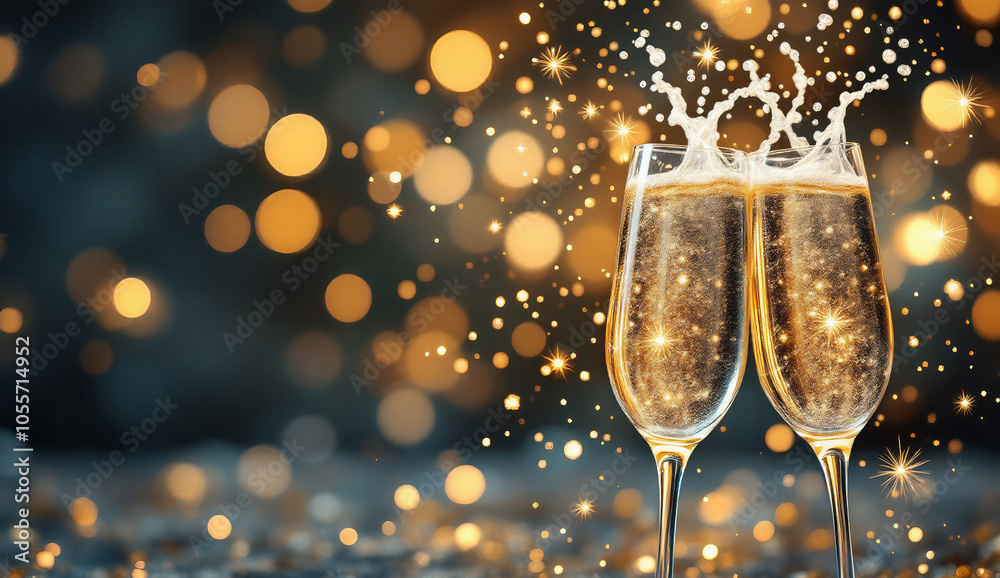 Two elegant champagne glasses filled with sparkling bubbles stand amidst shimmering lights and festive decorations, creating a warm and celebratory atmosphere.
Two elegant champagne glasses filled with sparkling bubbles stand amidst shimmering lights and festive decorations, creating a warm and celebratory atmosphere.