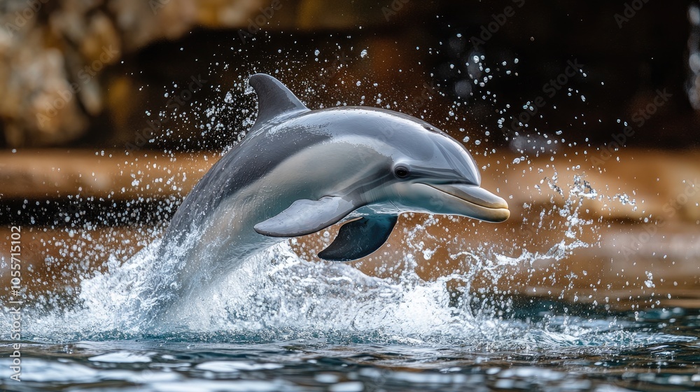 Obraz premium Playful dolphin leaping out of water with a splash.