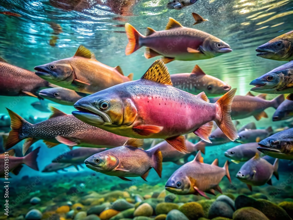 Naklejka premium Adult Spawning Salmon in Low Light Fish Tank at Hatchery - Aquatic Life Photography