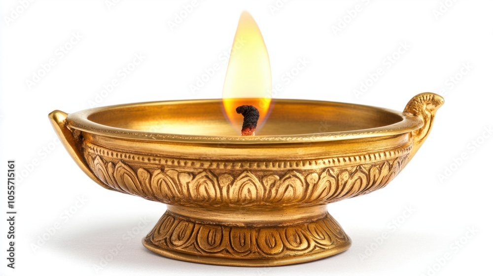 Gold brass diya lamp with a burning flame, representing spirituality and light, isolated on white Gold brass diya lamp with a burning flame, representing spirituality and light, isolated on white