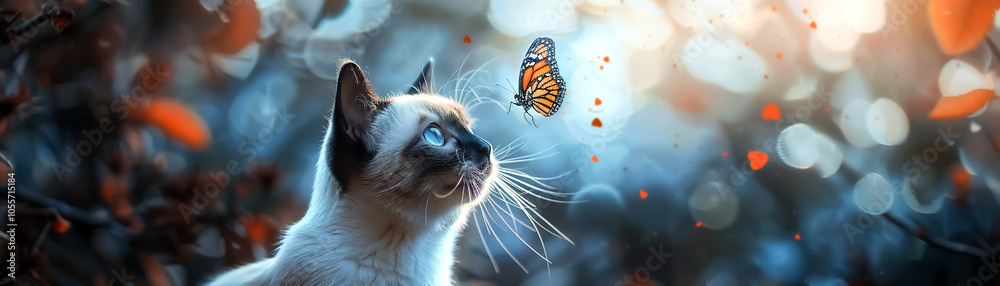 Siamese cat gazes curiously at butterfly, surrounded by soft bokeh and autumn leaves, creating serene and enchanting atmosphere Siamese cat gazes curiously at butterfly, surrounded by soft bokeh and autumn leaves, creating serene and enchanting atmosphere
