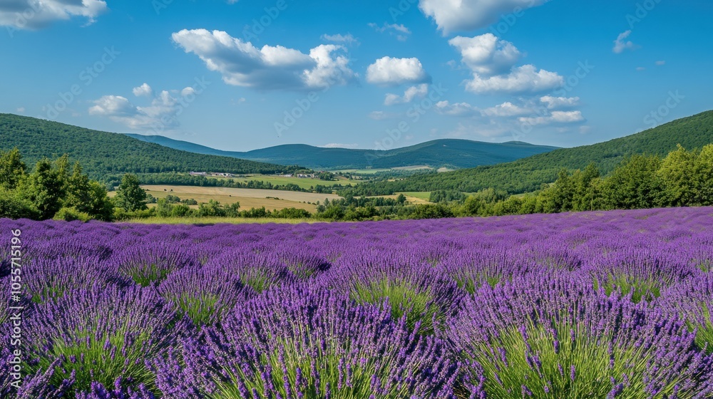 Naklejka premium Lavender Field with Green Hills and Blue Sky