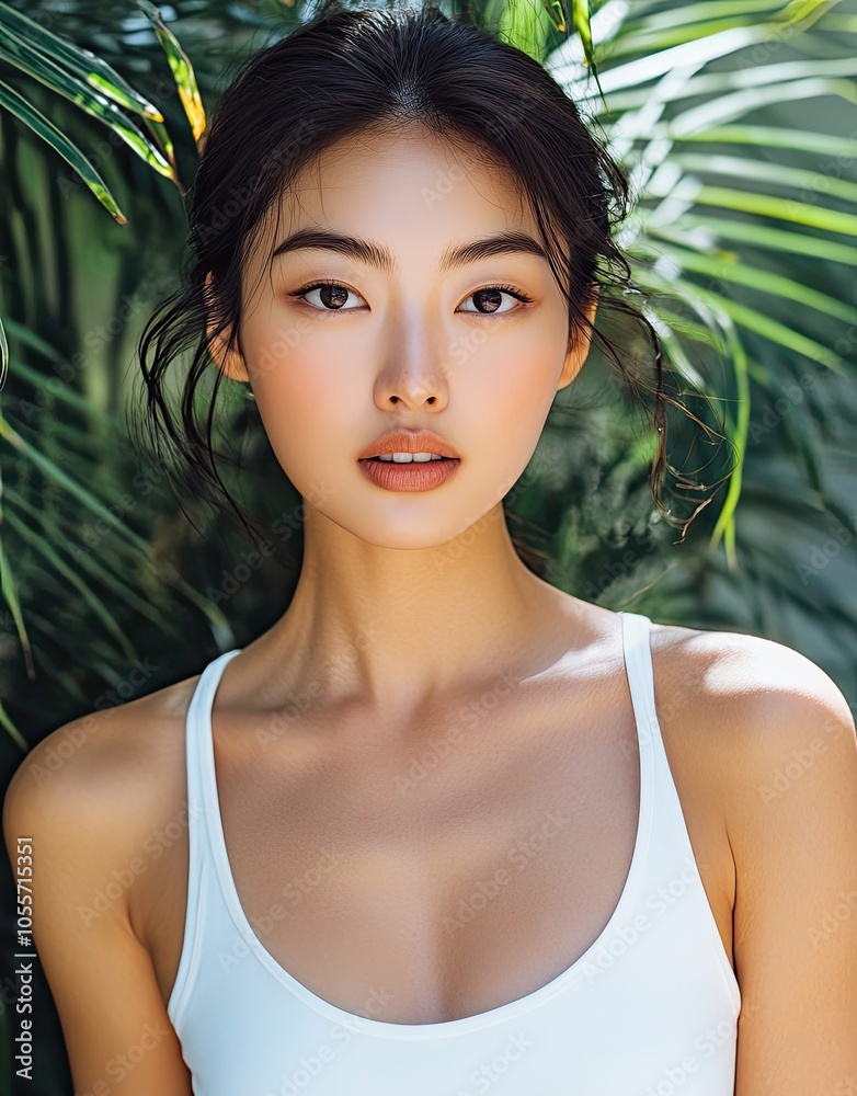 Beautiful Korean woman wearing a white tank top, with natural makeup and sleek hair in an updo Beautiful Korean woman wearing a white tank top, with natural makeup and sleek hair in an updo