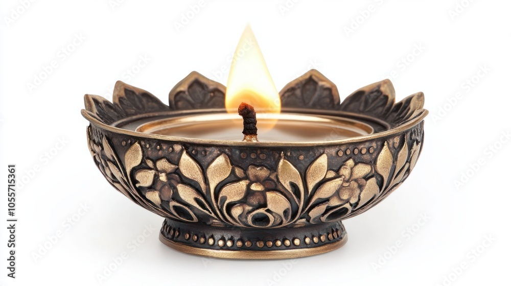 Intricate metal diya with a warm flame, showcasing traditional Indian decor, isolated on white Intricate metal diya with a warm flame, showcasing traditional Indian decor, isolated on white