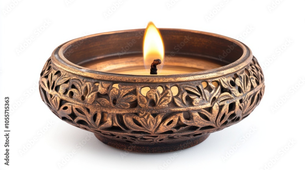 Intricate metal diya with a warm flame, showcasing traditional Indian decor, isolated on white Intricate metal diya with a warm flame, showcasing traditional Indian decor, isolated on white