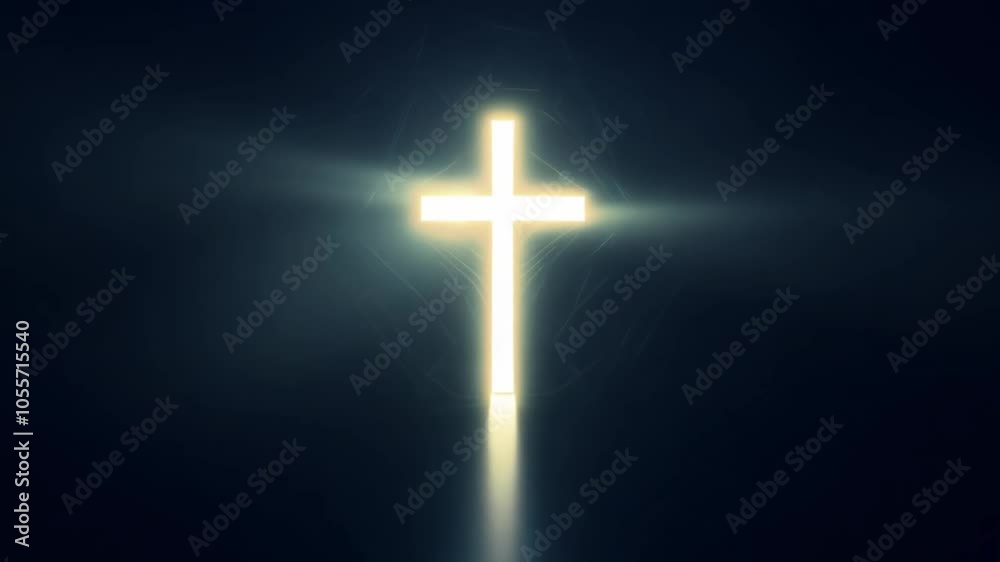 Illuminated cross radiating light in a dark background.