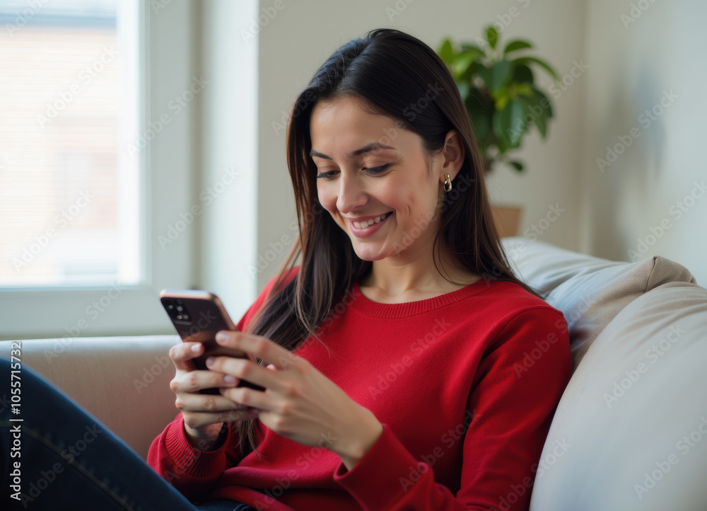A young woman with long black hair is sitting on a couch and smiling while looking at her phone. She is wearing a red sweater.