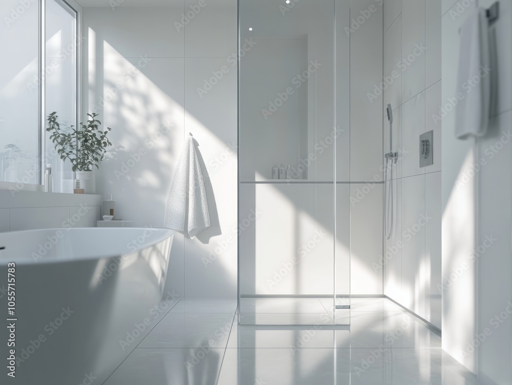 Fototapeta premium White-walled bathroom featuring minimalist design, glass shower, and grey tiles