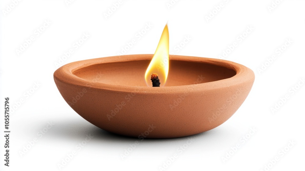 Simple clay diya with a golden flame, representing warmth and spirituality, isolated on white Simple clay diya with a golden flame, representing warmth and spirituality, isolated on white