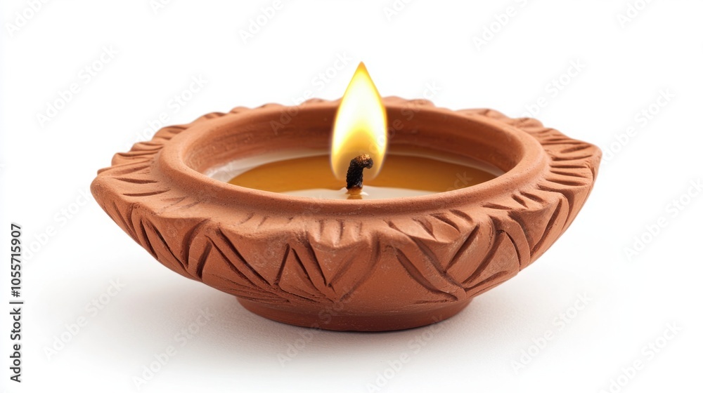 Simple clay diya with a golden flame, representing warmth and spirituality, isolated on white Simple clay diya with a golden flame, representing warmth and spirituality, isolated on white