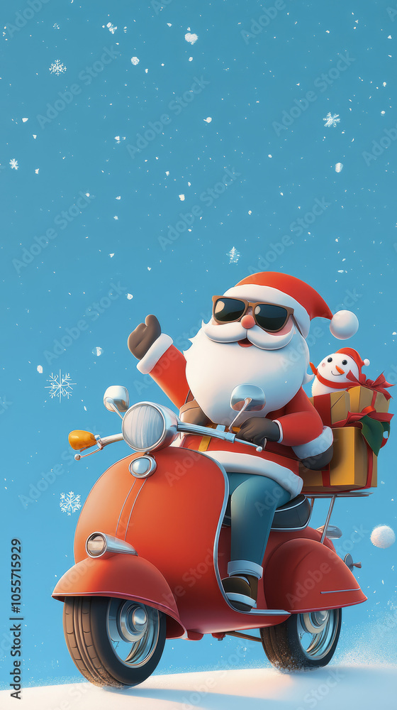 Obraz premium Santa Claus riding the motorbike to deliver the gifts in this festive cartoon illustration,Generated By Ai