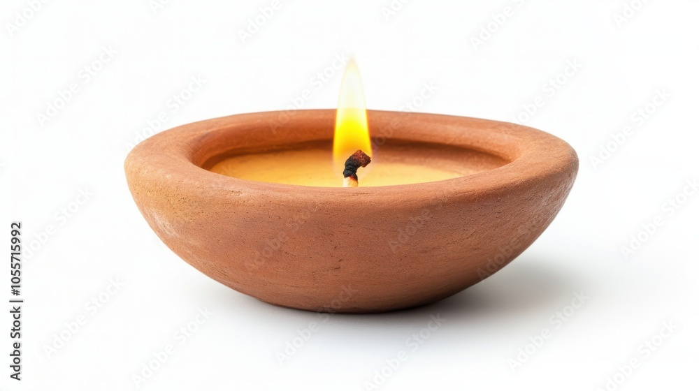 Simple clay diya with bright yellow flame, perfect for a peaceful atmosphere, isolated on white Simple clay diya with bright yellow flame, perfect for a peaceful atmosphere, isolated on white