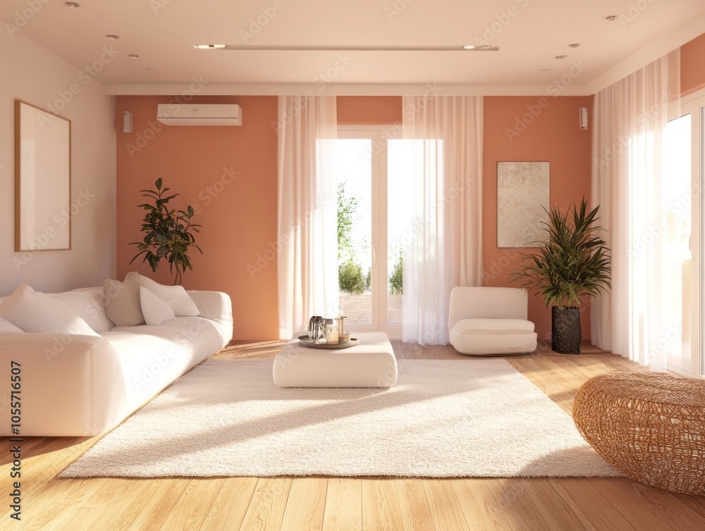 Winter-inspired living room with a subtle peach wall, featuring white modern furniture, light wood floors, and a cozy rug, offering a serene atmosphere Winter-inspired living room with a subtle peach wall, featuring white modern furniture, light wood floors, and a cozy rug, offering a serene atmosphere