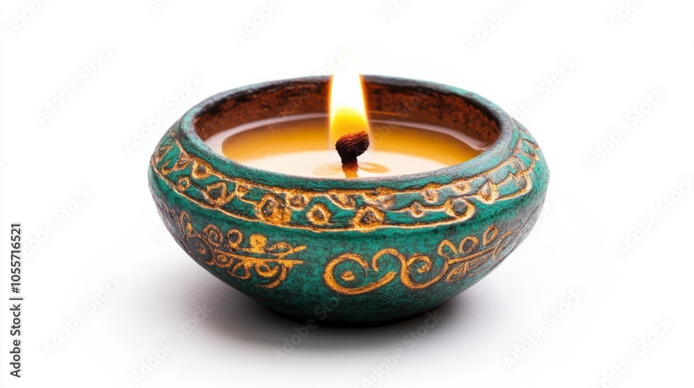 Small diya with gentle flame, representing light and positivity, isolated on white Small diya with gentle flame, representing light and positivity, isolated on white