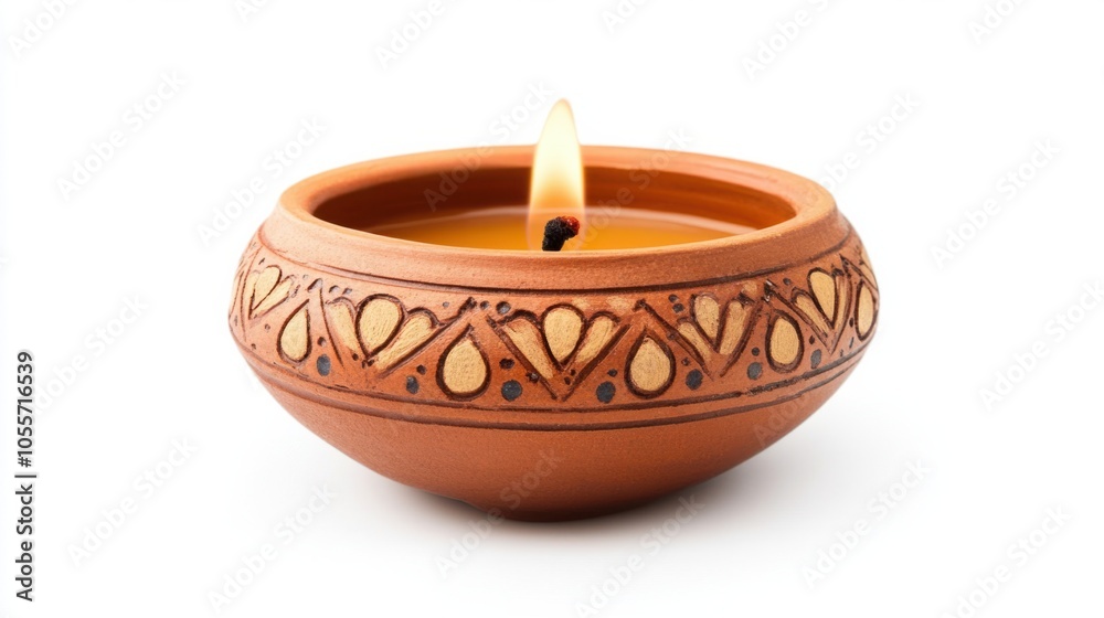 Small diya with gentle flame, representing light and positivity, isolated on white Small diya with gentle flame, representing light and positivity, isolated on white