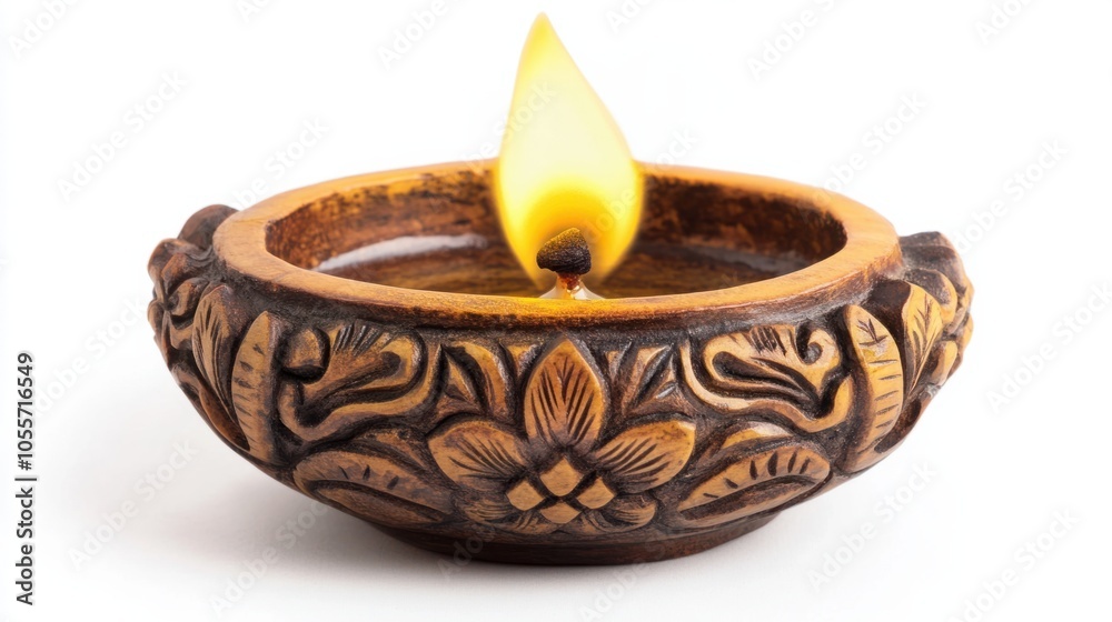 Small oil diya with bright yellow flame and carved details, symbolizing light in the darkness, isolated on white Small oil diya with bright yellow flame and carved details, symbolizing light in the darkness, isolated on white