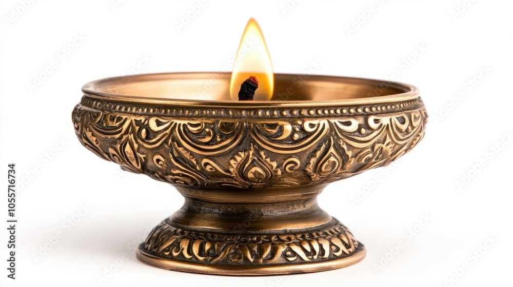 Traditional brass diya with ornate details and warm flame, highlighting spirituality, isolated on white Traditional brass diya with ornate details and warm flame, highlighting spirituality, isolated on white