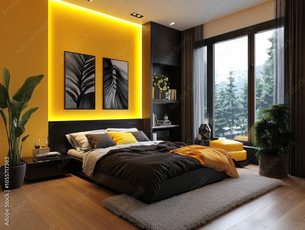 Yellow accent walls paired with sleek black decor and soft textiles for a modern and cozy feel Yellow accent walls paired with sleek black decor and soft textiles for a modern and cozy feel
