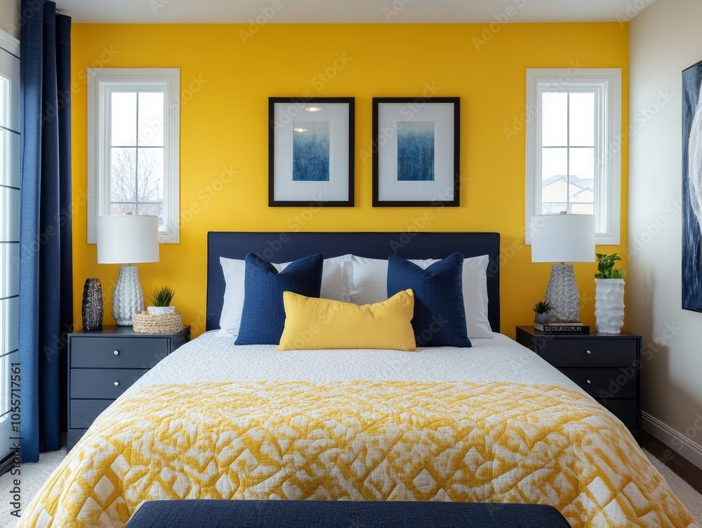 Yellow accent walls with minimalist decor and navy blue bedding for a sharp, contemporary vibe