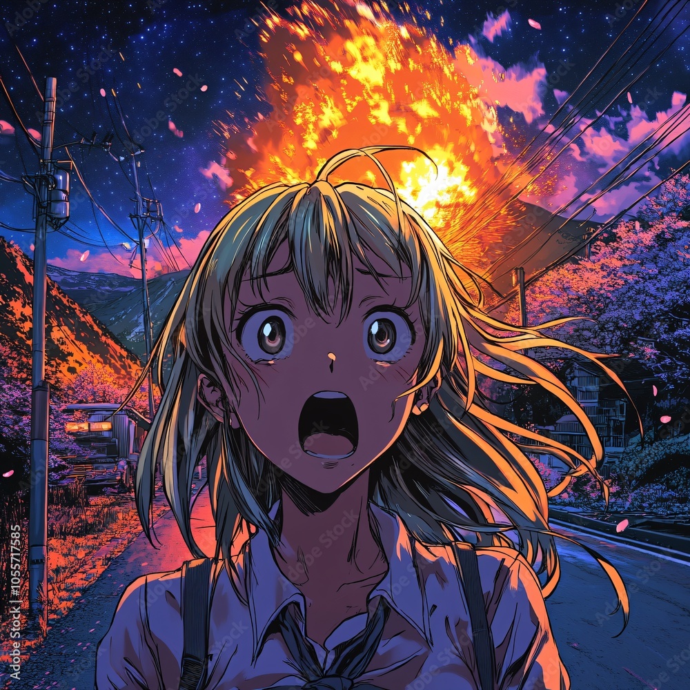 Anime Girl Witnessing Explosion in Cityscape Anime Girl Witnessing Explosion in Cityscape