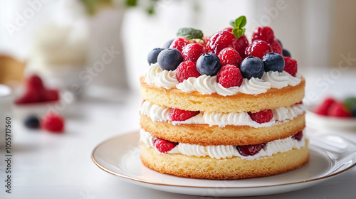 Wallpaper Mural Delicious layered cake topped with fresh berries and whipped cream on a bright table setting Torontodigital.ca