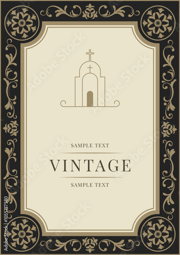 Ornate vintage frame with twisted floral elements in vertical format. Can be used in Christian community,decorated with church icon.Suitable for invitations,certificates, for baptism and easter.Vector